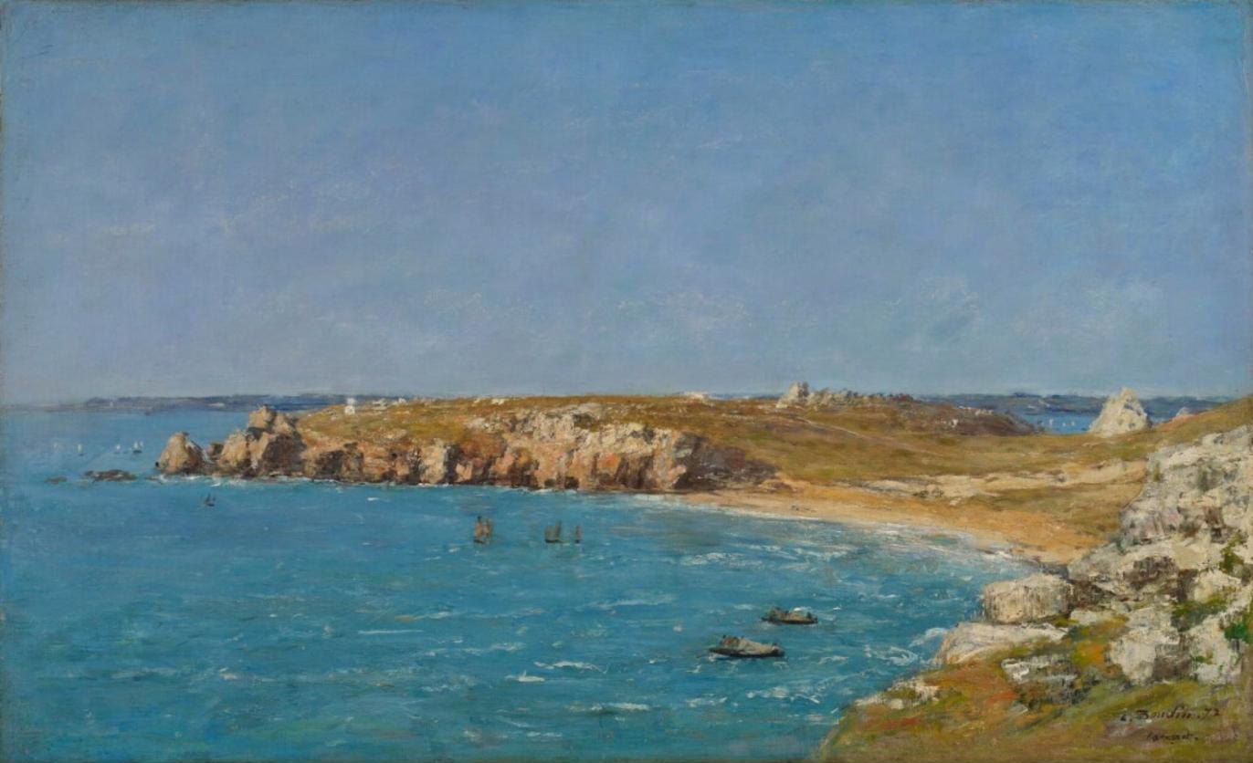 Eugène Boudin, a rocky headland and sandy cove under a clear sky, with small boats on a turquoise sea